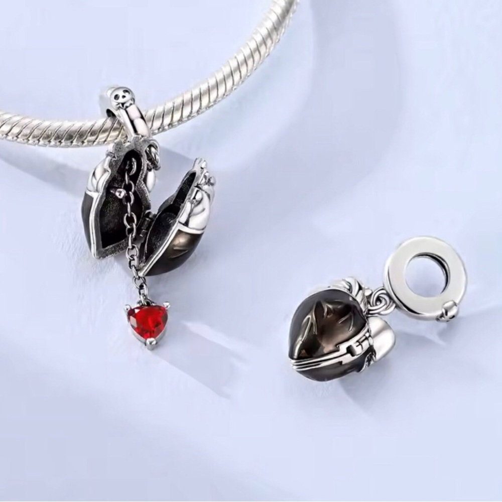 Sterling Silver Heart Locket Charm with Red Crystal Drop
